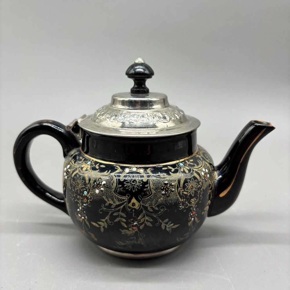 Antique Victorian Jetware Teapot with Gilt Enamel Decoration